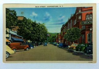 Cooperstown York Main Street View Vintage Cars Linen Postcard
