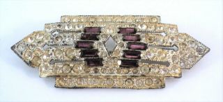 Vintage Sparkly Art Deco Clear & Purple Rhinestone Brooch 2.  5 " - Estate Find