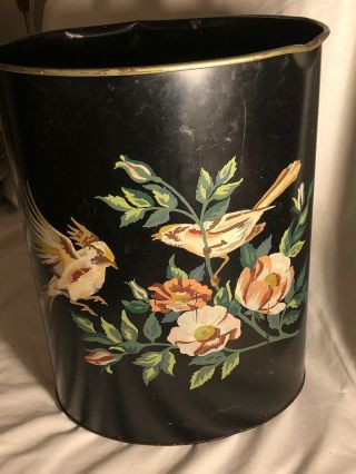 Vintage Shabby Chic Hand Painted Toleware Flowers & Birds Metal Waste Basket