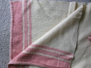 Vintage Striped Wool Camp Blanket Cream And Pink 74 " X 88 " Made In England