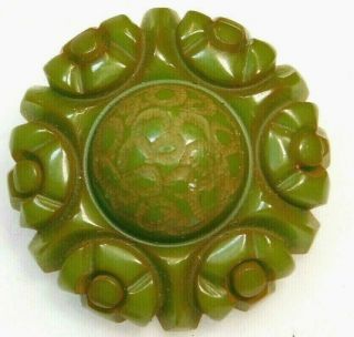 Antique Vtg Button Carved Olive Green Bakelite B7