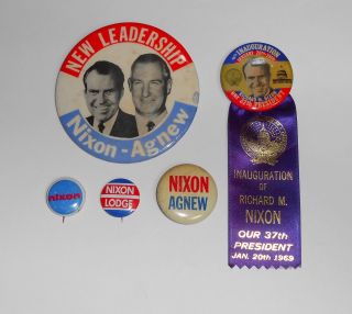 5 Vintage President Richard Nixon Inaugural Ribbon & Campaign Pins Ca 1960 - 69