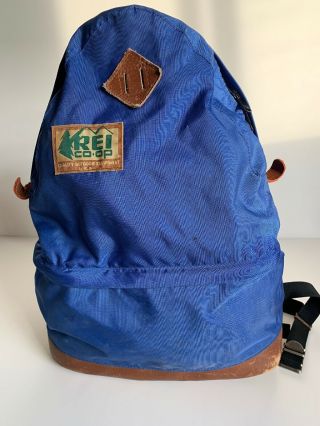 Vintage 1970s Rei Blue Backpack Day Pack Teardrop W/ Leather Bottom