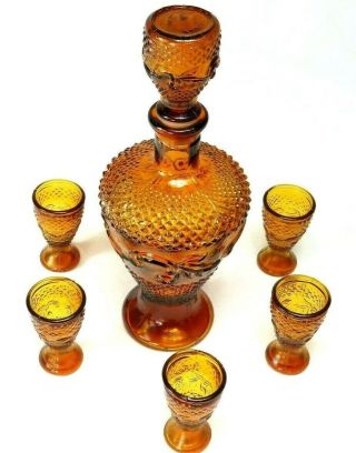 Vintage Amber Brown Glass Decanter Cordial Glasses Diamond Point Cut Pressed