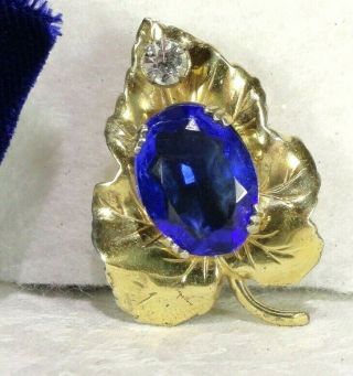 Vintage Sterling Silver Gold Vermeil Sapphire Blue Clear Rhinestone Leaf Brooch