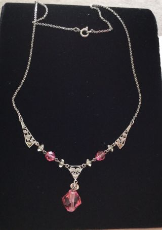 Vintage Art Deco Czech Filigree Silver (830) Pink Glass Dainty Necklace C1930’s