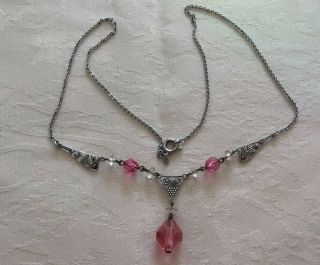 Vintage Art Deco Czech Filigree Silver (830) Pink Glass Dainty Necklace c1930’s 2