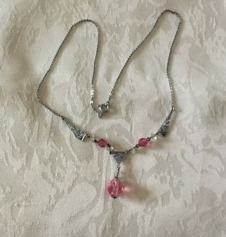 Vintage Art Deco Czech Filigree Silver (830) Pink Glass Dainty Necklace c1930’s 3