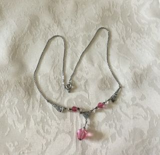 Vintage Art Deco Czech Filigree Silver (830) Pink Glass Dainty Necklace c1930’s 4