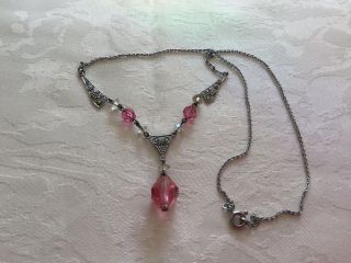 Vintage Art Deco Czech Filigree Silver (830) Pink Glass Dainty Necklace c1930’s 5