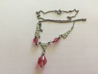 Vintage Art Deco Czech Filigree Silver (830) Pink Glass Dainty Necklace c1930’s 7