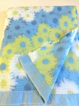 Acrylic Blanket Nylon Trim Blue Green White Flower Power 74 X 89 " Vintage
