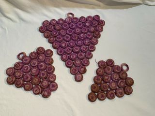 Vintage Crocheted Bottle Cap Trivets Grape Cluster Set Of 3 Purple