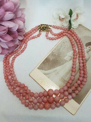 Pretty Vintage Triple Strand Graduated Pink Glass Beads Necklace With Clasp