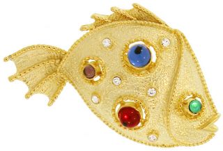 Vintage Jeweled Fish Pin,  Signed Jj,  Quality Made In Usa 9727
