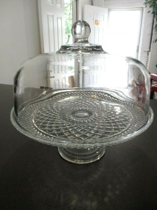 Vintage Clear Cut Glass Pedestal Cake Stand With Dome Cover