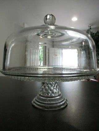 Vintage Clear Cut Glass Pedestal Cake Stand With Dome Cover 2