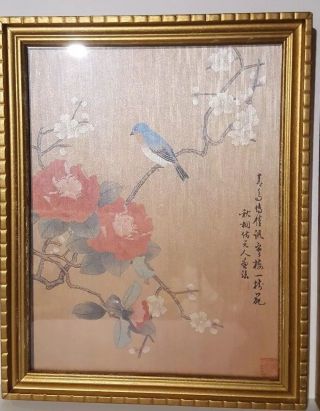 2 VINTAGE ASIAN JAPANESE BIRD IN FLOWER TREE PRINTS ON SILK FRAMED 3