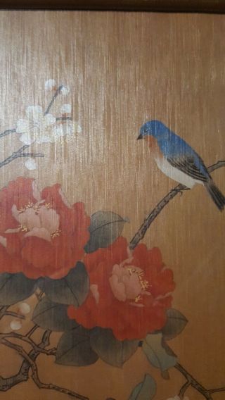 2 VINTAGE ASIAN JAPANESE BIRD IN FLOWER TREE PRINTS ON SILK FRAMED 5