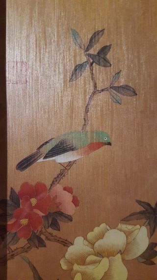 2 VINTAGE ASIAN JAPANESE BIRD IN FLOWER TREE PRINTS ON SILK FRAMED 7