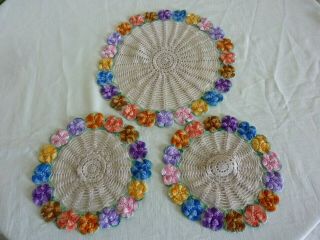 Vintage 3 Piece Crochet Doilies Dressing Table Set Pansies Flowers