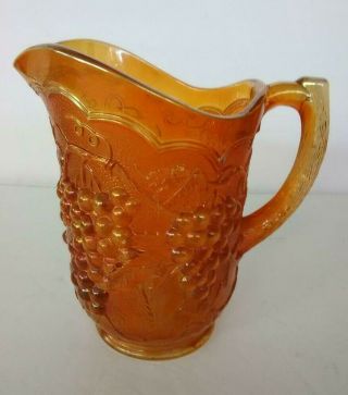Vintage Carnival Imperial Glass Water Pitcher Marigold With Grapes 8 "