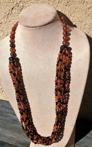 Vintage Amber Color Lucite Bead Four Strand Long Necklace