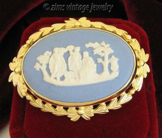 Vintage Wedgwood Blue Jasperware Victorian Revival Cameo Scene Gold Pin Brooch