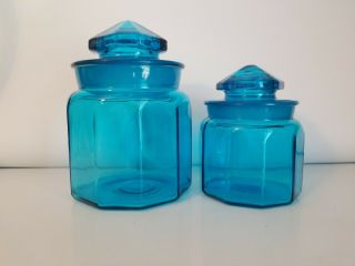 2 Vintage Blue Glass Apothecary L.  E.  Smith Canister Jar Jars Med Small