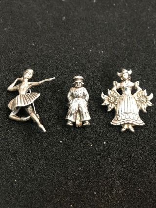 3 Rare Vintage Sterling Silver Figurine Pin Brooch Marked Beau And Coro
