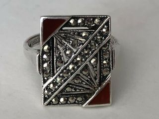 Vintage Art Deco Sterling Silver Marcasite & Red Carnelian Ring Sz 6.  75