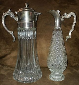 2 Vintage/antique Crystal Glass And Silver Plated Beauties Pitcher & Cruet
