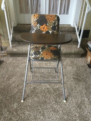 Vintage Baby High Chair Bright Floral Print Vinyl & Chromed Steel Metal