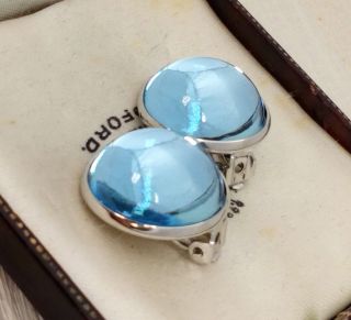 Vintage - Stunning Aqua Blue Glass Cabochon - Silver Clip On Earrings 2cm Wide