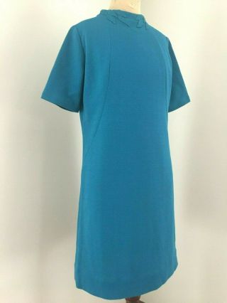 Vintage 1960s Turquoise Blue Short Sleeve Dress With Applique Neck Size M