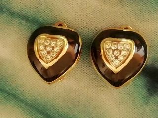 Vintage Jewellery Black Diamante Heart Clip On Earrings Signed Nina Ricci
