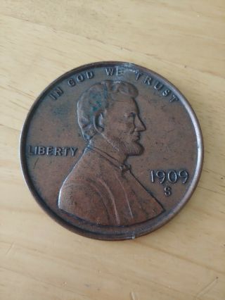 Vintage 1909 One Cent Wheat Penny 3 " Novelty Coin