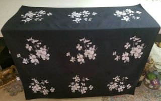 Vintage Rare Wilendur Cotton Printed Tablecloth Black Dogwood Blossoms 49 X 54