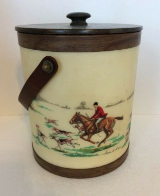 Vintage Bacova Guild English Hunt Fiberglass Ice Bucket Wooden Lid Leather Strap 2