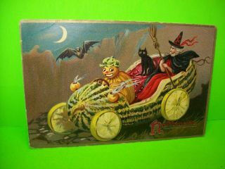 Halloween Postcard Raphael Tuck 1909 Vintage Watermelon Car Witch 150