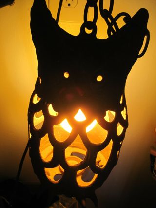 Vintage Cast Iron Owl Lamp Lantern Light Bulb Or Candle Tray Hanging Japan