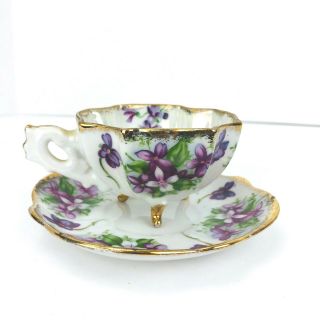 Vtg Napco China Footed Tea Cup & Saucer Hand Painted Violets Gold Trim Purple