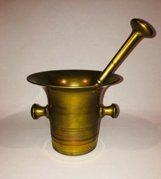 Vintage / Antique Heavy 6 Lb Solid Brass 5” Mortar And Pestle 9” Large 14