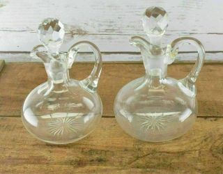 Vintage Clear Glass Oil Vinegar Cruet With Stopper Set Of 2 Starburst Pattern