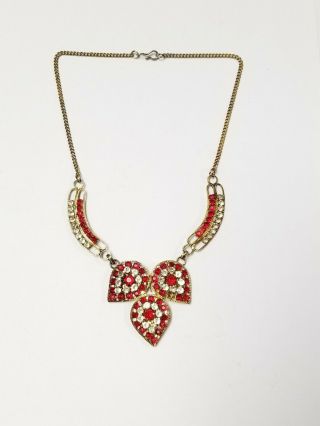 Vintage Red & Clear Crystal Rhinestone Gold Tone Necklace Estate Jewelry