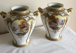Vintage Noritake Porcelain Handpainted Cottage River Scene Matched Vases