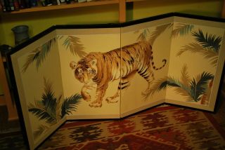 Vintage Chinese Tiger Screen 5ft Long 29 " H Decorative Brass Folding 4 Panels