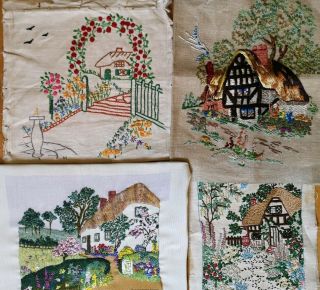 4 Vintage Embroidered English Country Cottage Garden Floral Panels Repurposing