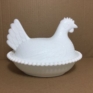 Vintage Indiana White Milk Glass Chicken Hen Chicken On Nest Candy Dish Hobnail