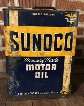Vtg 1950s Sunoco Motor Oil Mercury Made 2 Gallon Oil Can Sun Oil Company Philly